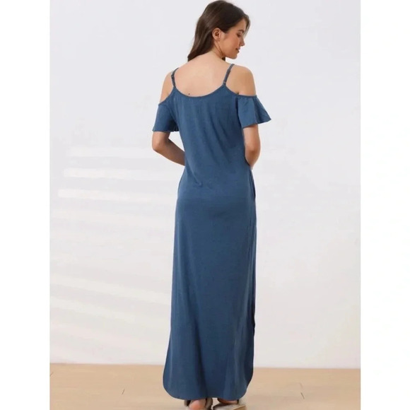 Mystree Summer Cold Shoulder with Pocket Casual Maxi Lounge Outfits Dress Blue - Picture 2 of 6